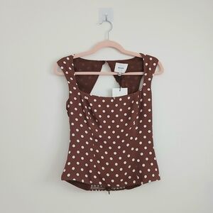 Reformation Espresso Martini Chocolate Brown and White Polka Fitted Blouse
